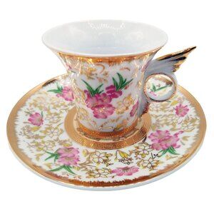 CC & T Porcelain Tea Cup Saucer Set With Pink Floral Design and Gold Accents